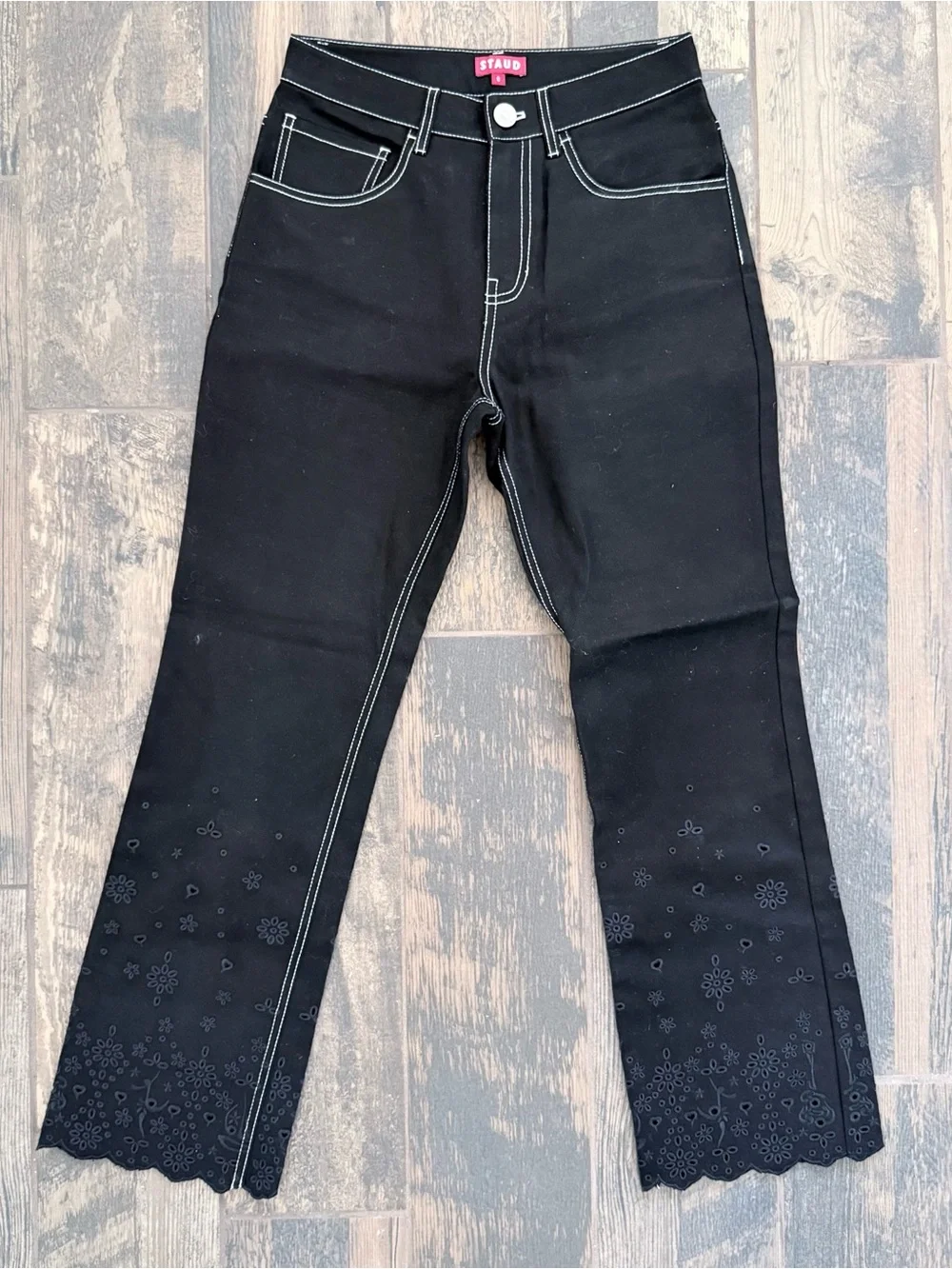 STAUD Black Cropped Jeans with Contrast White Stitching